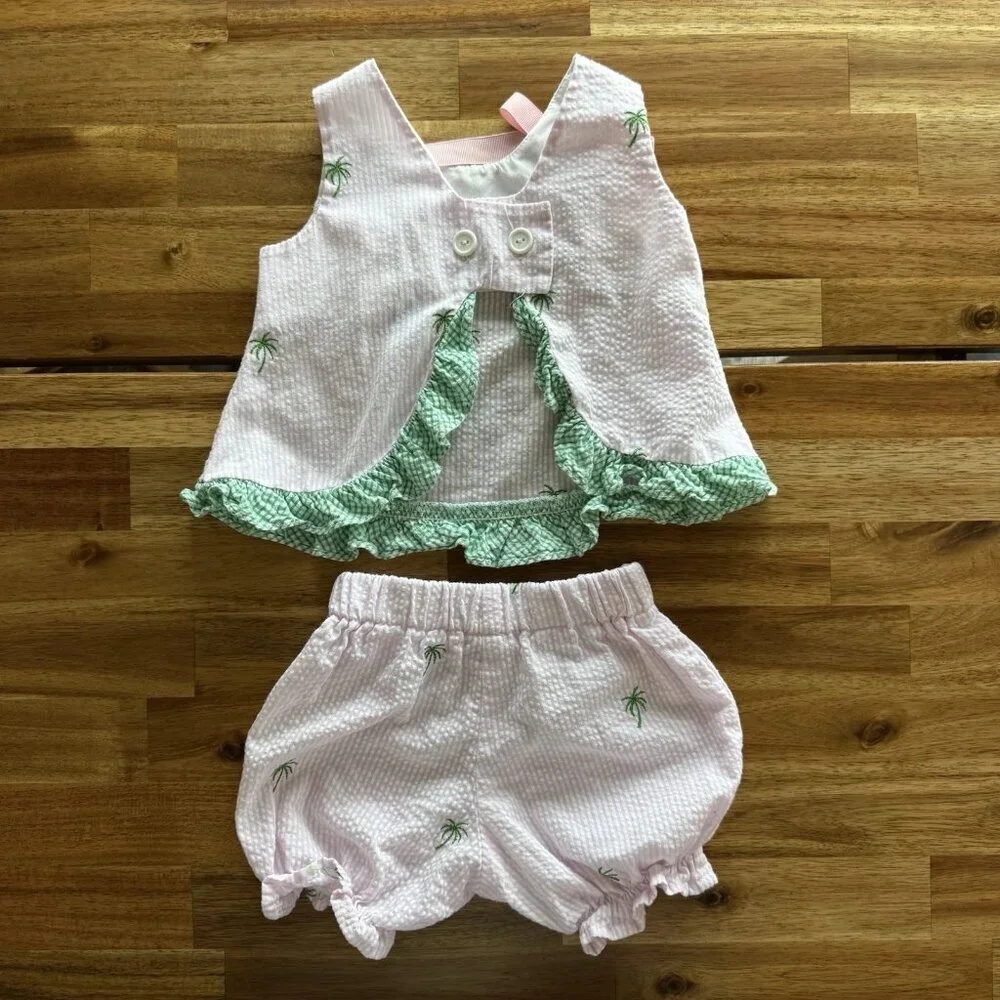 Funtasia Too Pink & White‎ Baby Girls Set Seersucker Size 6 Month Palm Print Bow